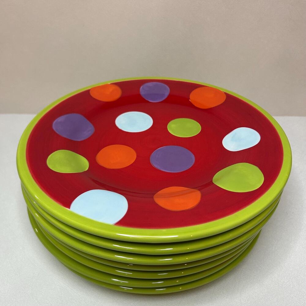 Laurie Gates Polka Dot Dinner Plates Set of 6 – Colorful Red Green Modern Retro